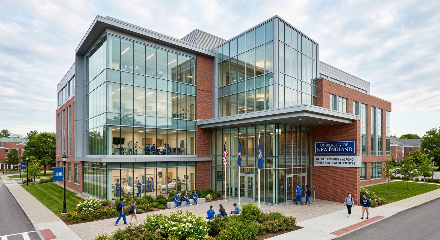 Harold and Bibby Alfond Center for Health Sciences on UNE Portland campus, modern 110,000-square-foot health education building with glass facade and professional medical training spaces