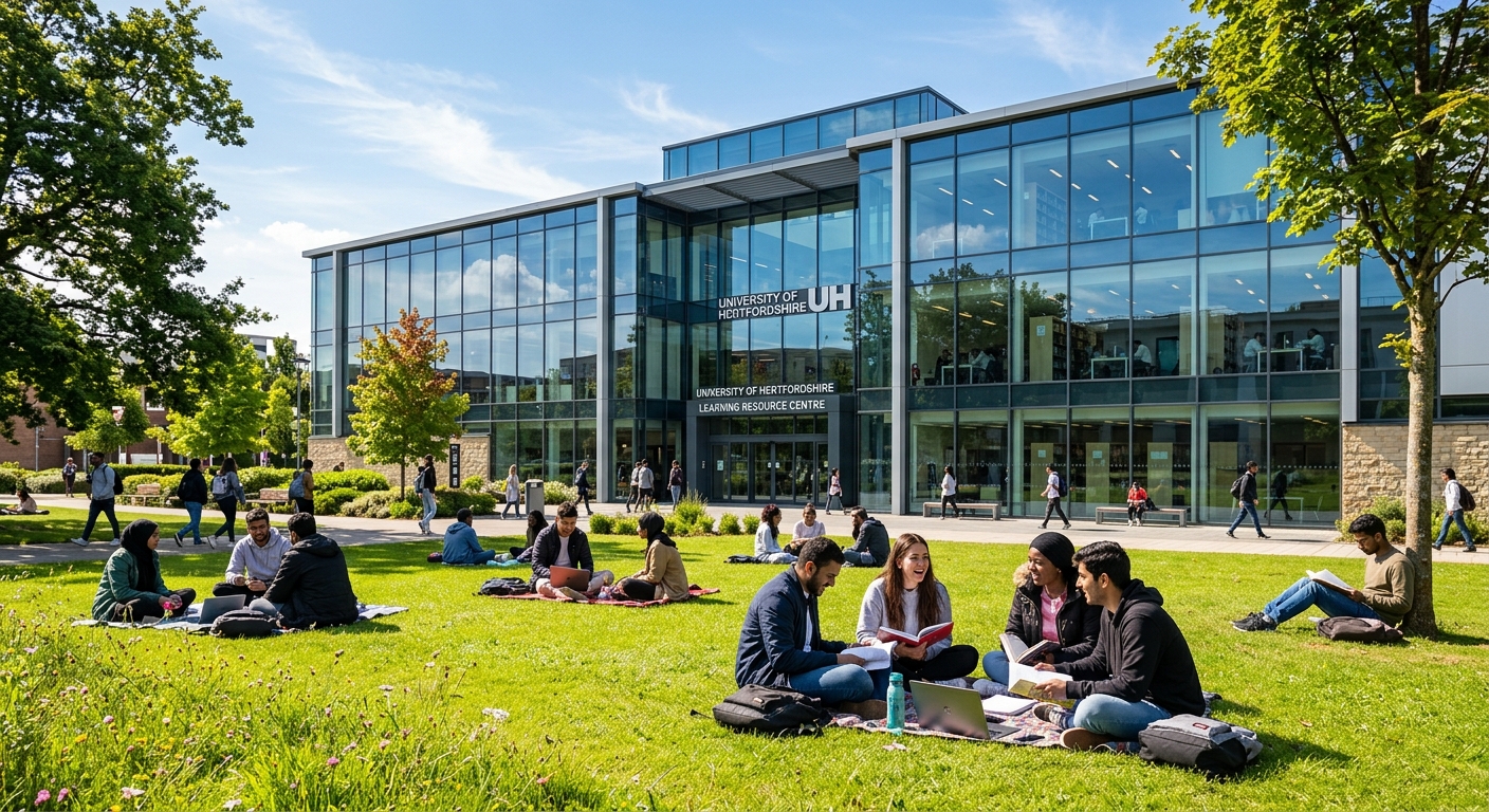 College Lane Campus at University of Hertfordshire, modern Learning Resource Centre building with glass facade, students studying on green lawns, sunny day