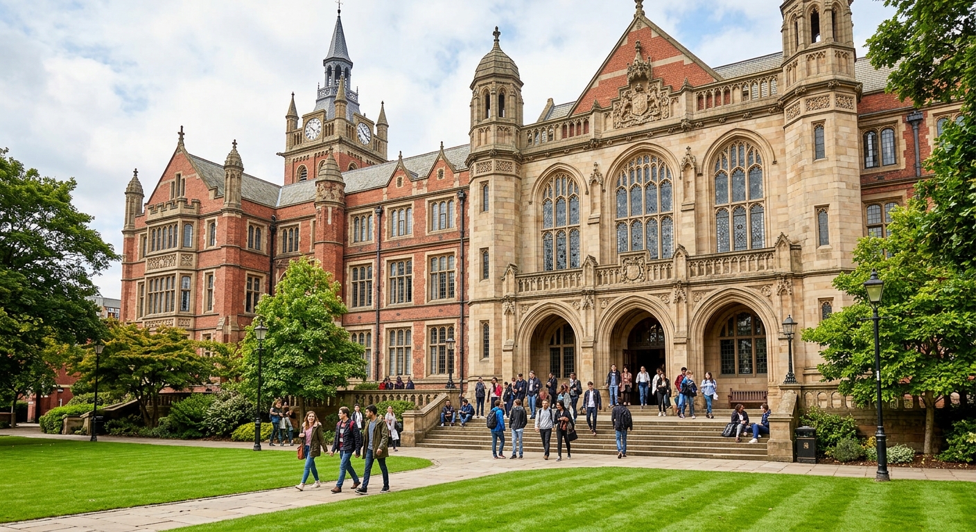 The historic Armstrong Building at Newcastle University, grand Victorian architecture with stone facade, arched windows, students gathered on the front steps, green lawn in foreground