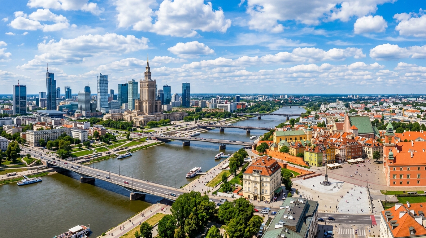Warsaw Poland cityscape panorama showing modern skyscrapers alongside historic Old Town, Vistula River flowing through the city, blue sky with scattered clouds, vibrant urban landscape
