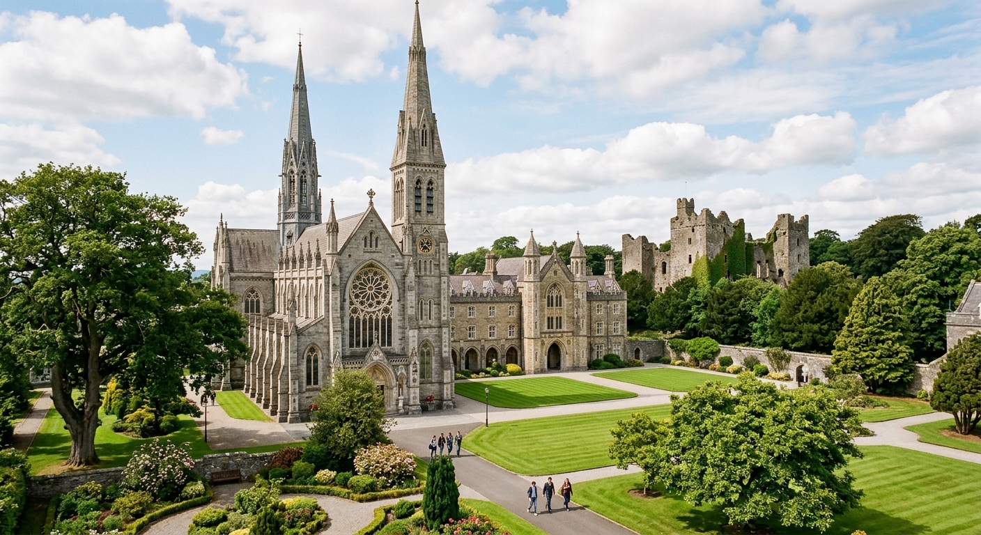 Maynooth University South Campus showing historic 19th-century stone buildings, Gothic chapel with spire, manicured lawns, ancient trees, and Maynooth Castle ruins in background