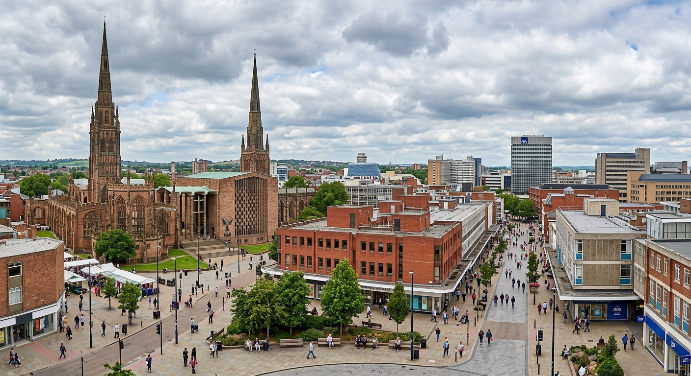 Coventry city centre skyline, Coventry Cathedral ruins and modern spire, pedestrian shopping areas, English Midlands urban landscape, cloudy sky, historic and modern architecture