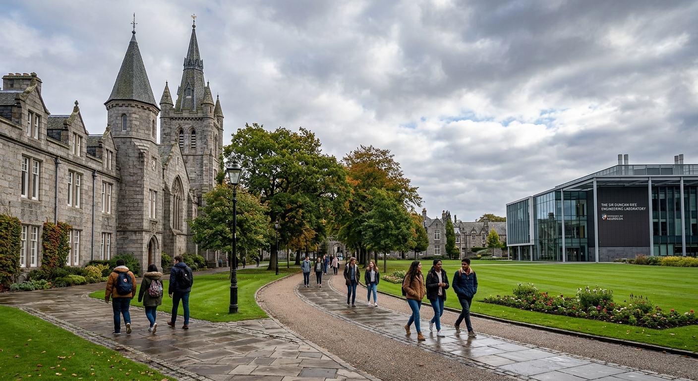 Historic granite university campus in Aberdeen Scotland with modern engineering laboratory building, students walking along tree-lined paths, overcast Scottish sky with green lawns and traditional stone architecture