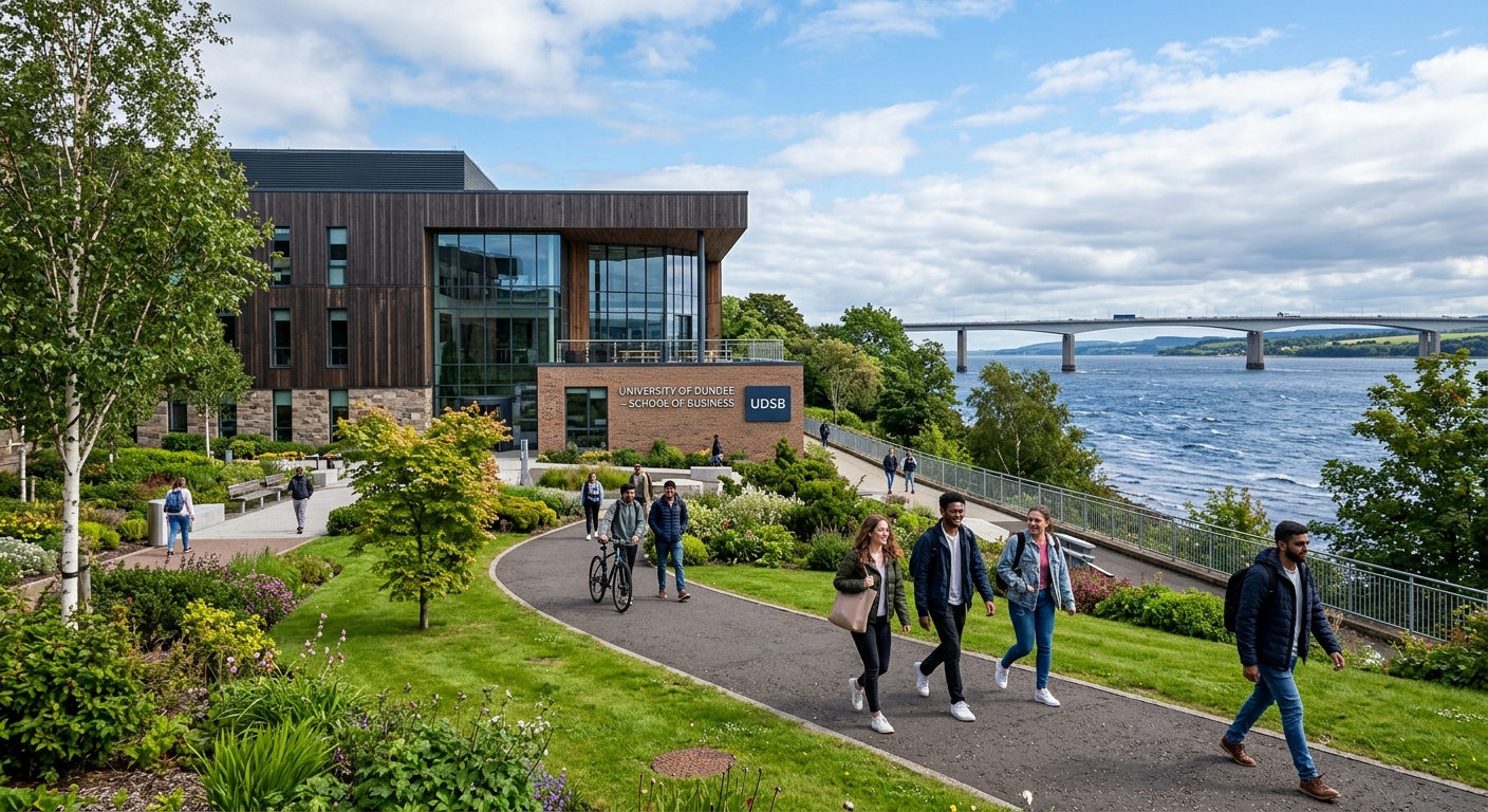 University of Dundee School of Business campus building in Dundee, Scotland, with modern architecture, students walking along pathways, green landscaping, and the River Tay visible in the background under a partly cloudy sky
