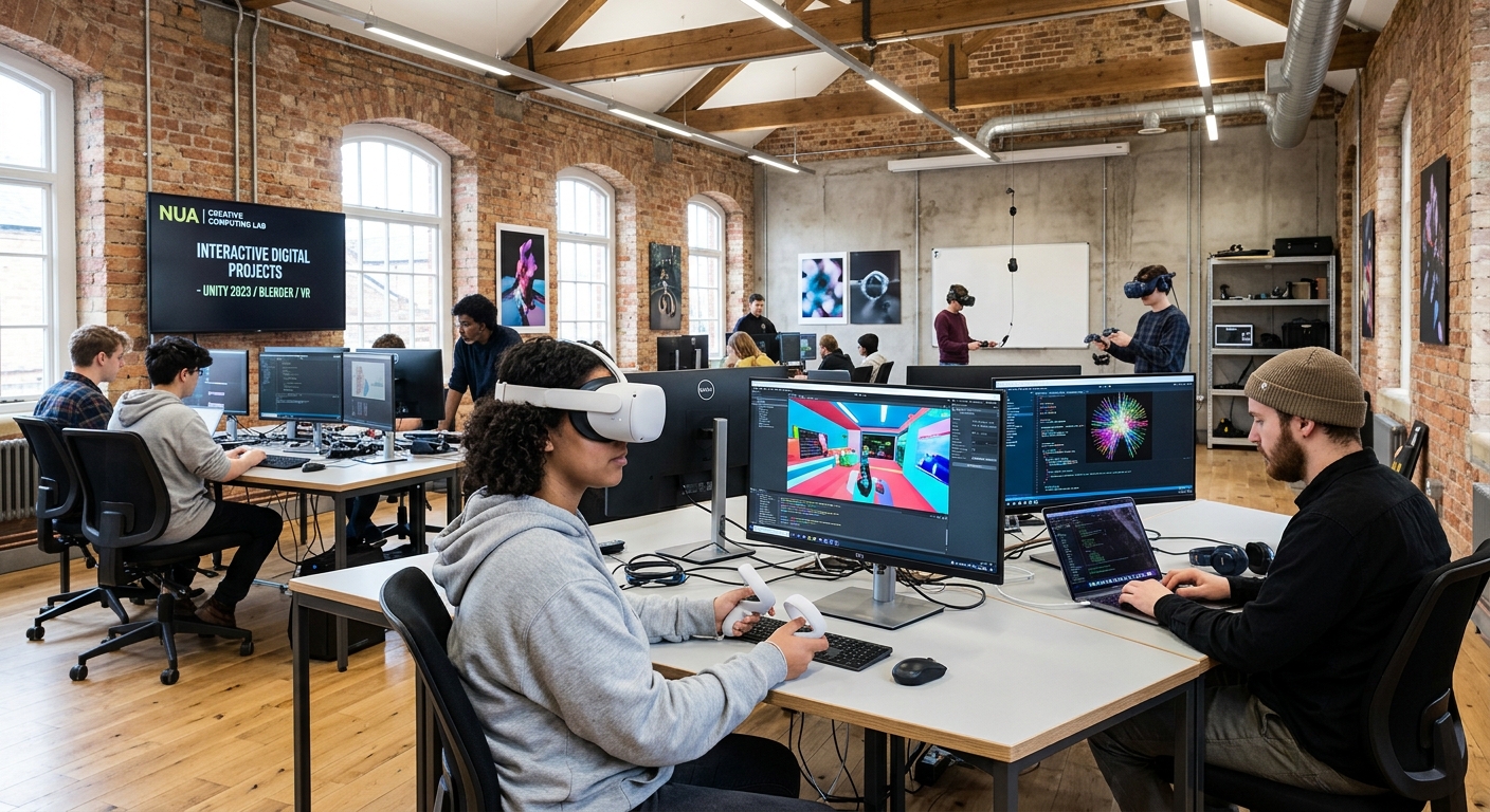 Modern creative computing lab at Norwich University of the Arts, students working on interactive digital projects with VR headsets, large screens displaying code and digital art, bright contemporary space with exposed brick walls and high-tech equipment