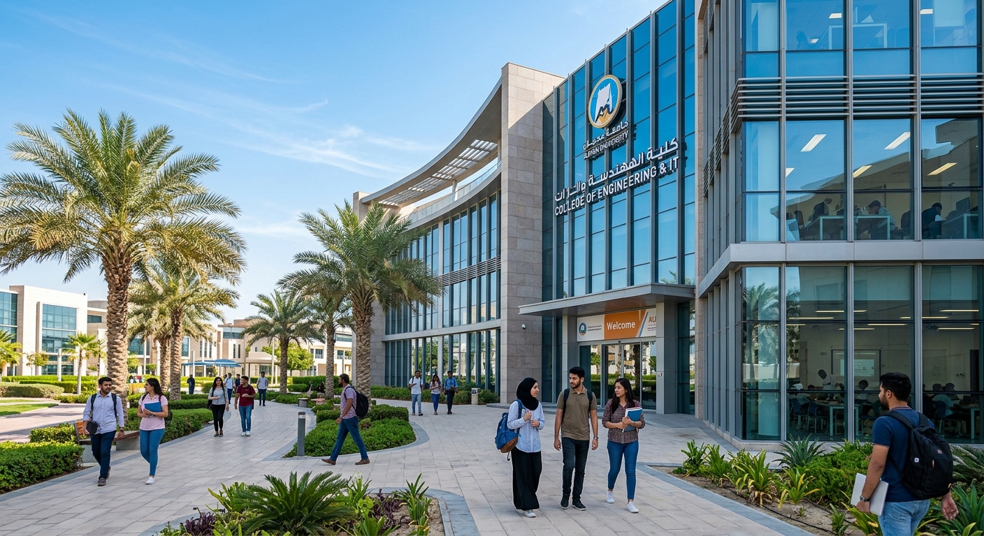 Modern Ajman University campus building with palm trees, students walking along pathways, glass-fronted engineering and IT college building under clear blue UAE sky