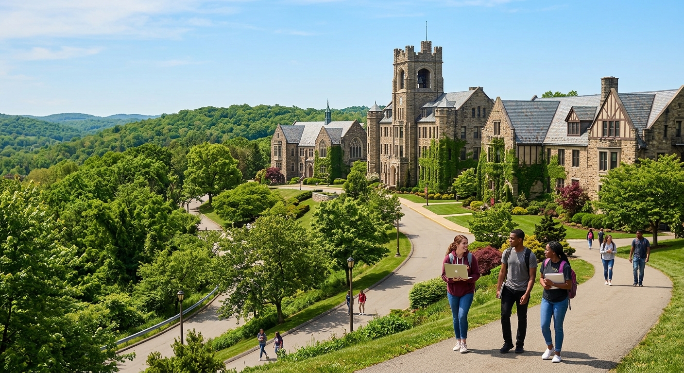 Seton Hill University hilltop campus in Greensburg Pennsylvania, historic stone buildings surrounded by 200 acres of lush wooded grounds, students walking along tree-lined paths with laptops, clear blue sky
