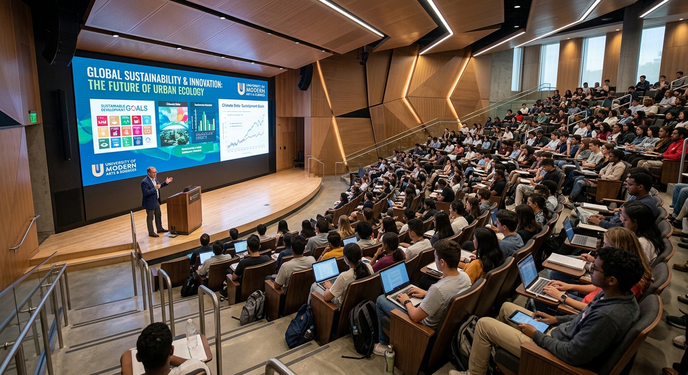 Modern university auditorium with tiered seating, presentation screen, students attending a lecture, contemporary interior design