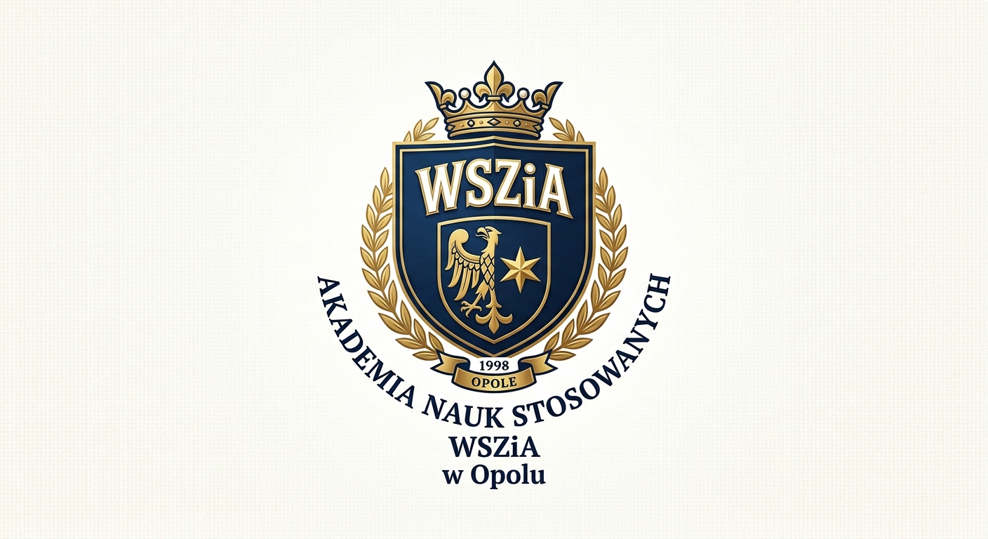 Official logo of Akademia Nauk Stosowanych WSZiA w Opolu featuring the university crest with stylized letters WSZiA in dark blue and gold tones