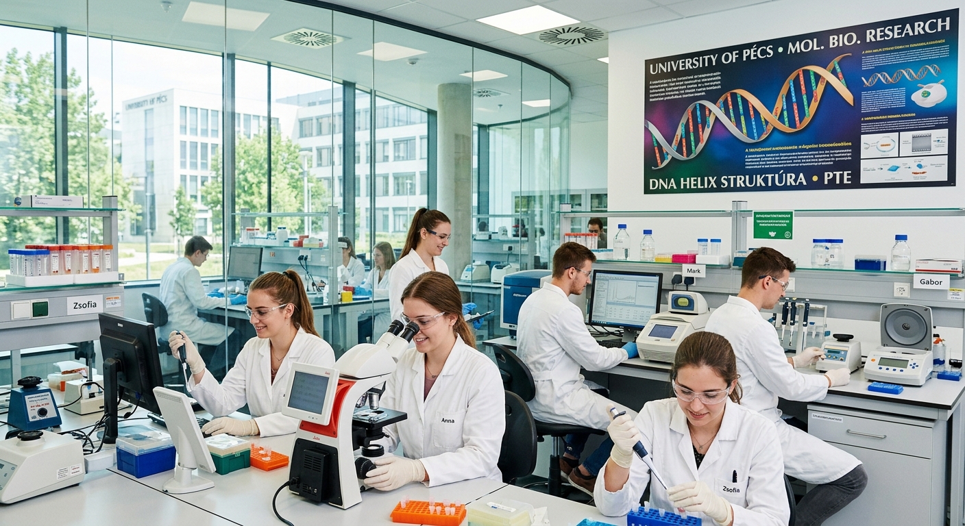 Modern biotechnology laboratory at University of Pécs Hungary, students in white lab coats working with microscopes and molecular biology equipment, bright clinical lighting, glass-walled research facility with DNA helix poster on wall