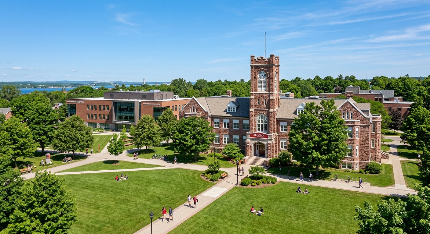 Algoma University Sault Ste. Marie campus wide shot featuring the historic Shingwauk Hall building surrounded by green lawns, mature trees, and the Convergence Centre in the background under a clear blue sky