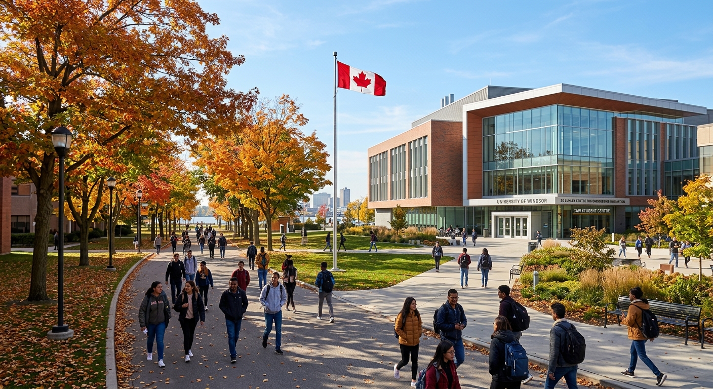 University of Windsor campus with modern science building, students walking along tree-lined pathways, Canadian flag visible, bright autumn day with clear sky