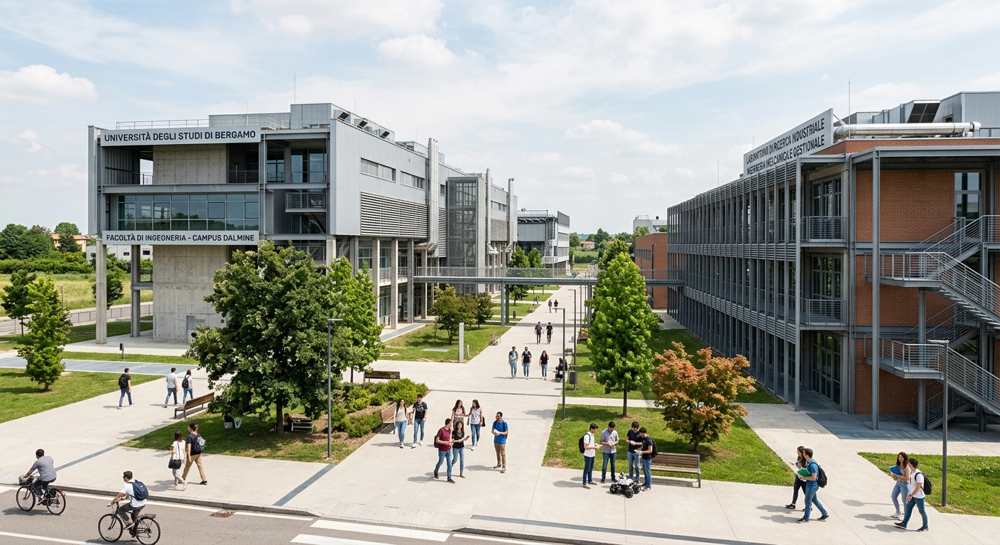 University of Bergamo Engineering campus in Dalmine, modern laboratory buildings with industrial design elements, wide open spaces, students outside research facilities