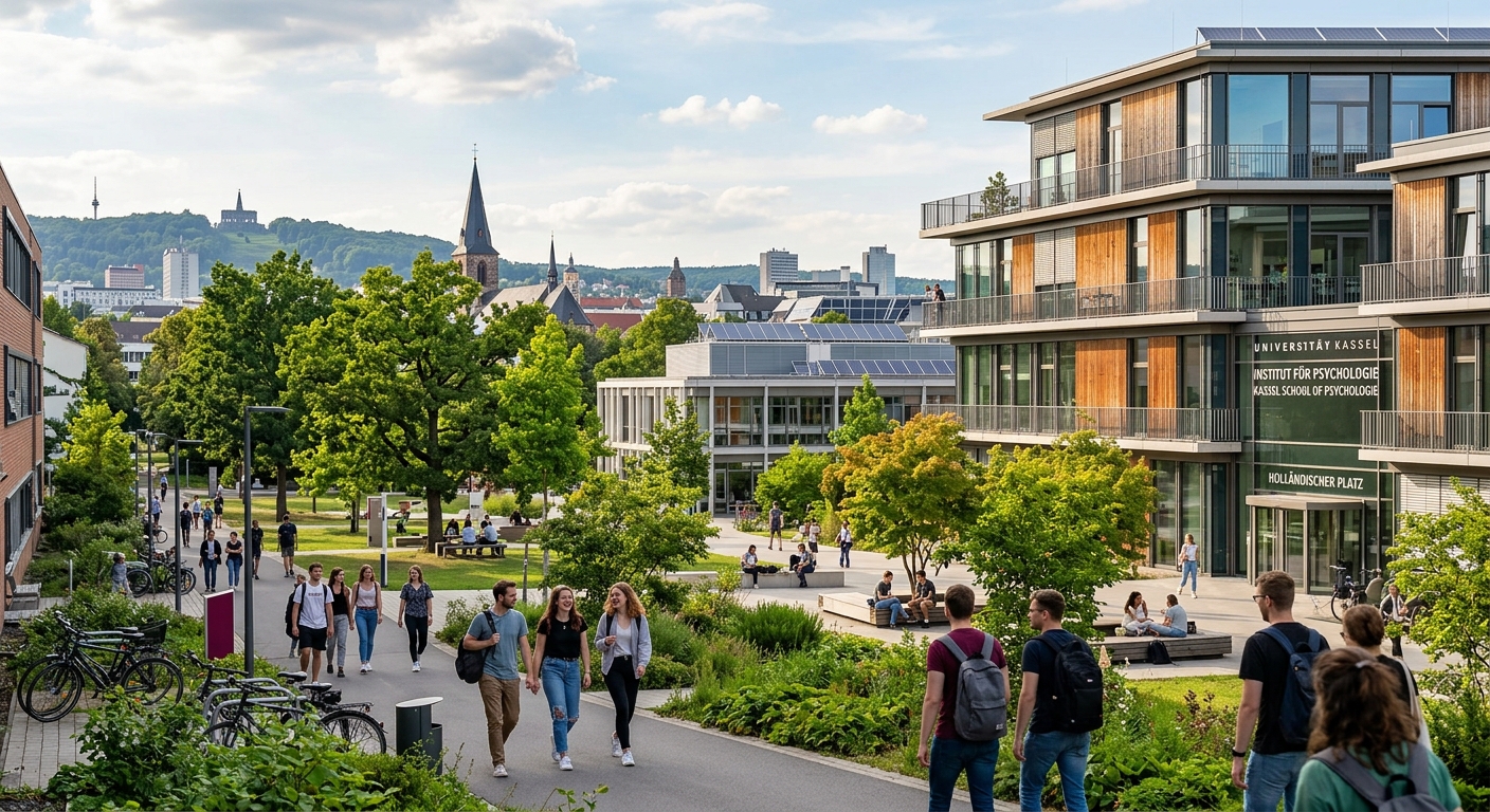 University of Kassel campus at Holländischer Platz with modern psychology building, students walking through green courtyard, warm daylight, German city skyline in background