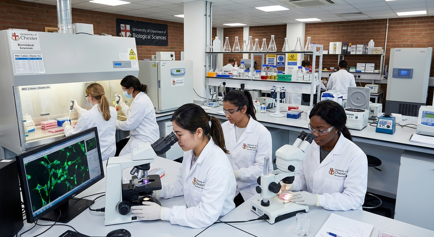 Modern biomedical science laboratory at University of Chester with students in white lab coats working with microscopes and stem cell cultures, bright clinical lighting, advanced research equipment visible