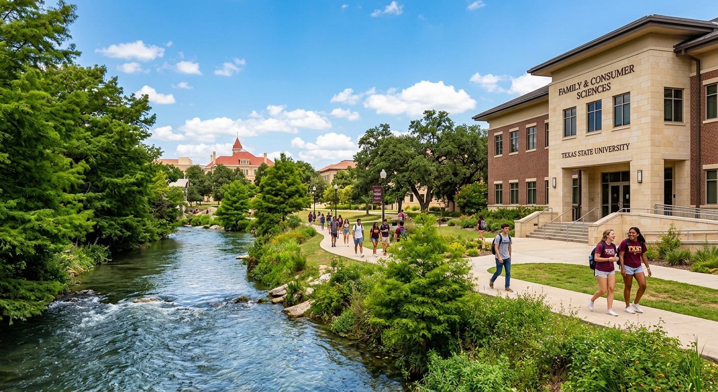 Texas State University campus in San Marcos Texas with the San Marcos River flowing through lush greenery, students walking near the Family and Consumer Sciences building, warm sunny day with blue skies