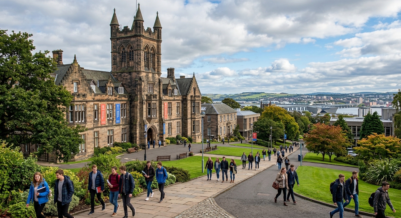 University of Dundee Tower Building exterior with historic Scottish stone architecture, green campus grounds, students walking along pathways, Dundee city skyline in background under partly cloudy sky
