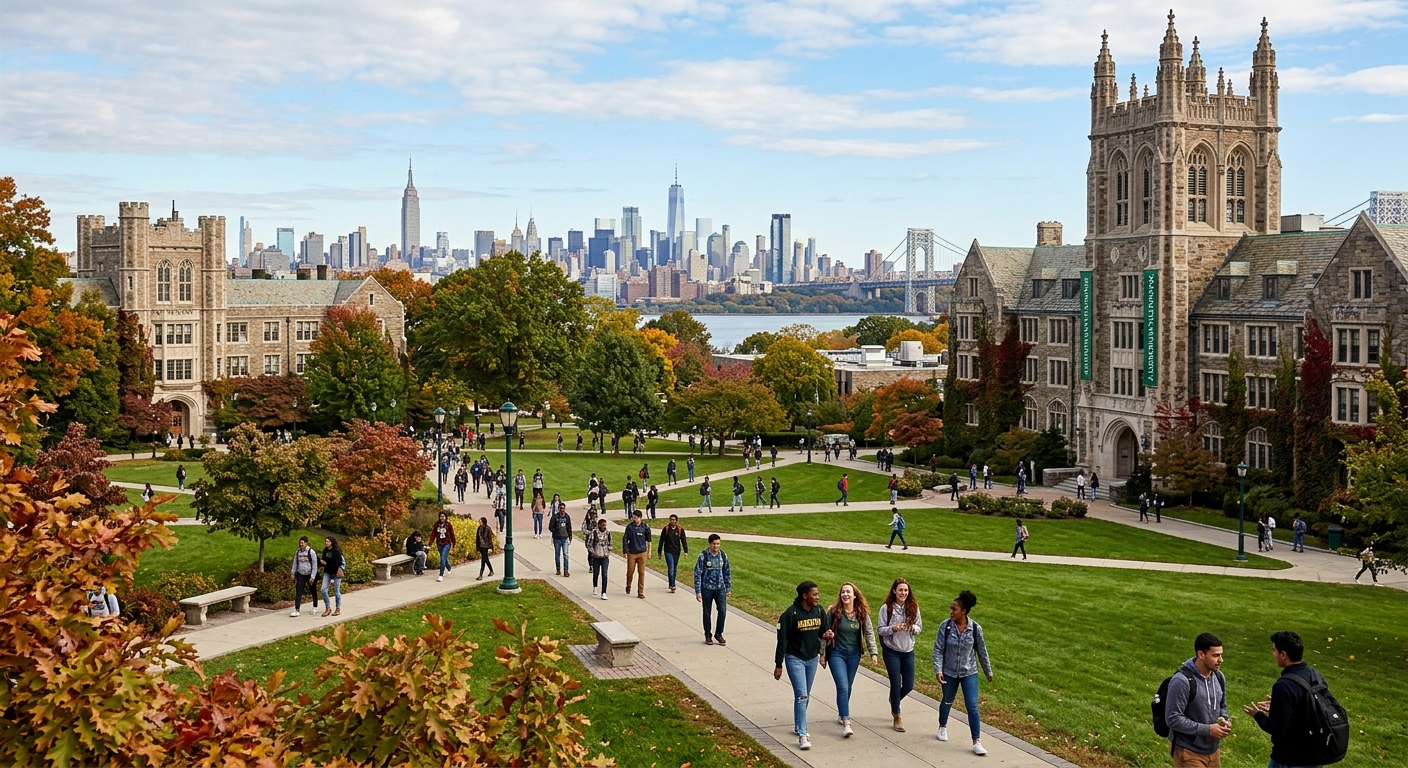 Manhattan University campus in Riverdale, New York, with historic Gothic-style academic buildings surrounded by green lawns, students walking along tree-lined pathways, city skyline visible in the background