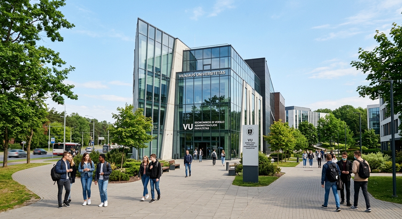 Vilnius University Faculty of Economics and Business Administration modern campus building on Sauletekio Avenue, Vilnius Lithuania, with students walking outside, contemporary architecture with glass facades, green trees and clear sky