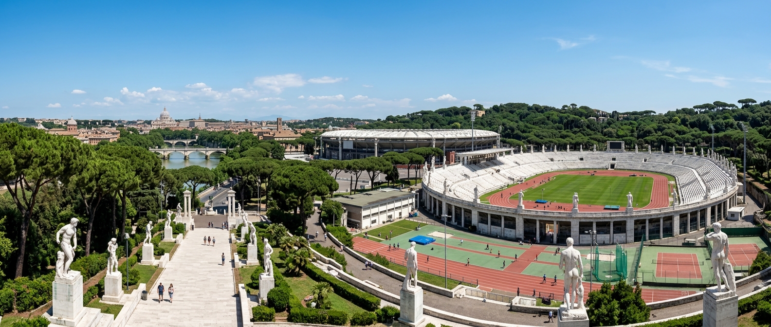 Panoramic view of the Foro Italico sports complex in Rome with classical marble statues, athletic training facilities, and the iconic Stadio dei Marmi surrounded by Mediterranean pine trees under a clear blue Italian sky