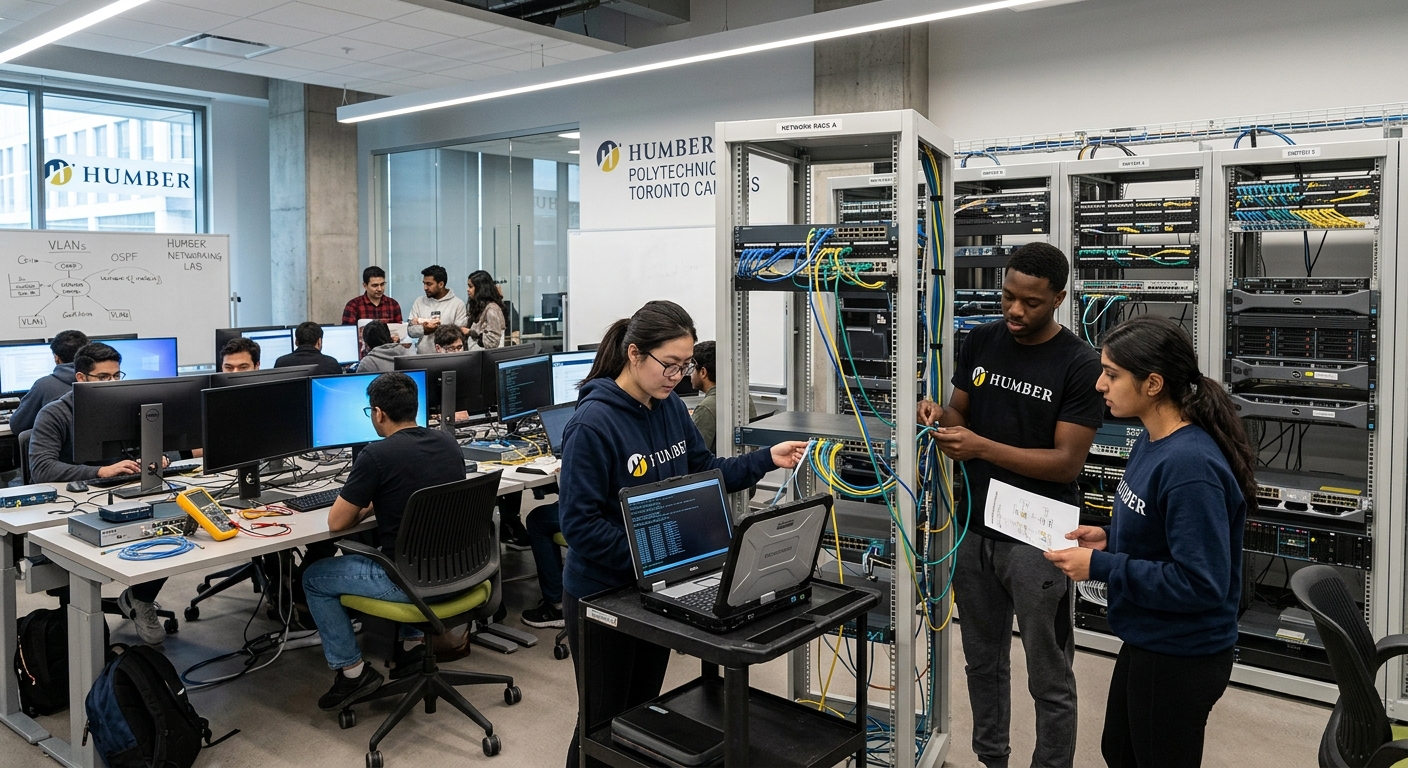 Modern polytechnic campus computer lab with students working on networking equipment, server racks visible in the background, bright overhead lighting, Humber Polytechnic Toronto campus setting