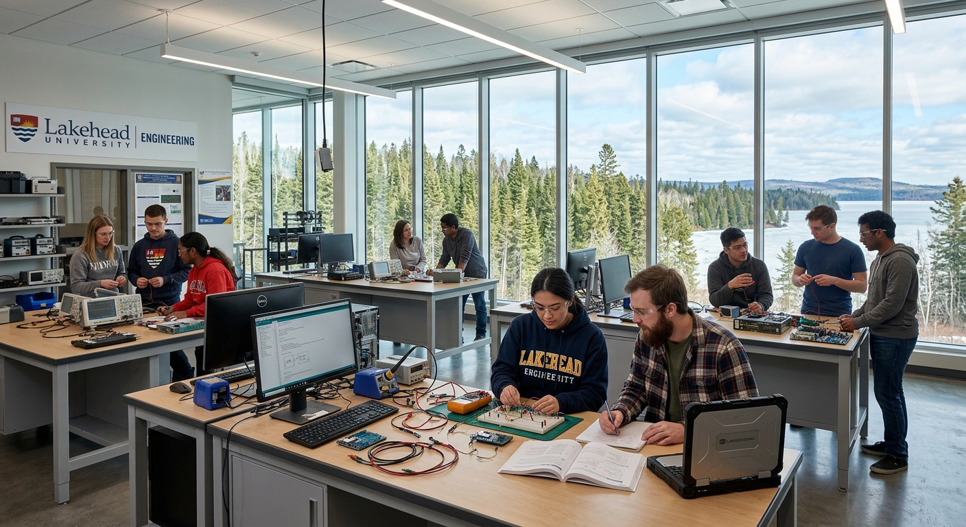 Modern engineering laboratory at Lakehead University Thunder Bay campus, students working with electrical circuits and computer hardware, large windows overlooking northern Ontario forest landscape, bright LED lighting