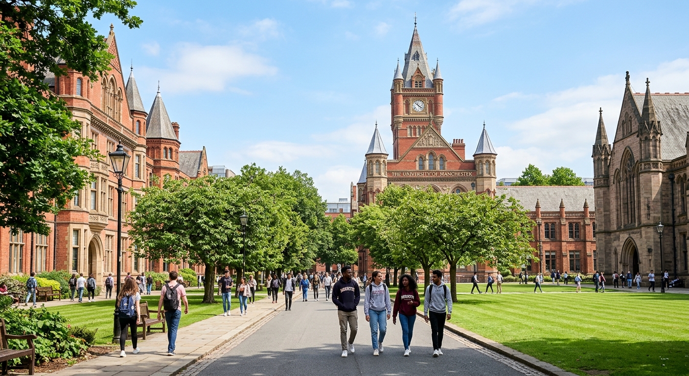 University of Manchester campus with red-brick Victorian buildings, green lawns, and students walking along tree-lined pathways, with the iconic Whitworth Hall visible in the background under a clear sky