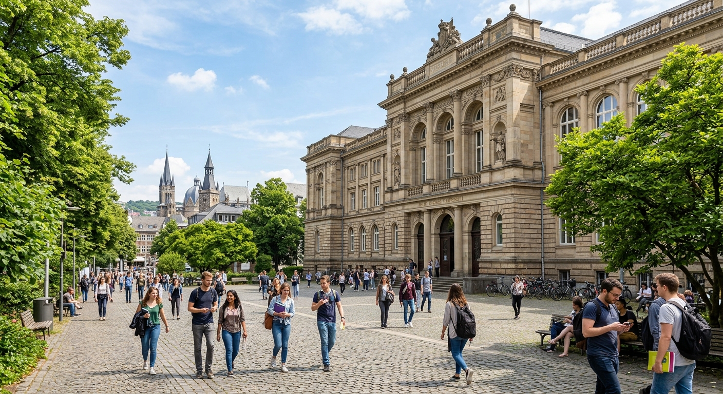 RWTH Aachen University main building with historic facade, students walking across campus courtyard, green trees lining pathways, bright daylight with blue sky over Aachen cityscape