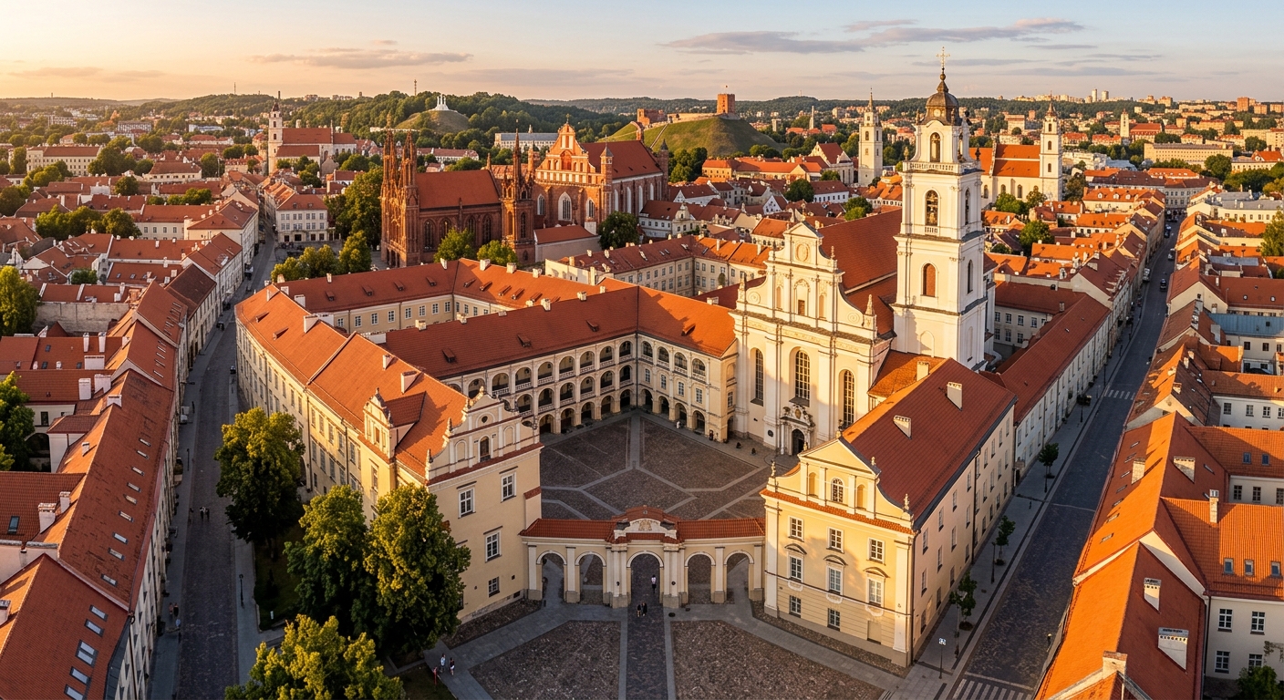 Vilnius University Grand Courtyard aerial view, historic Renaissance and Baroque architecture, red-tiled roofs, Church of St. Johns bell tower, cobblestone courtyards surrounded by arched galleries, Old Town Vilnius backdrop, warm golden hour light