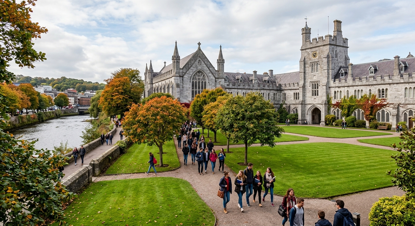 Historic limestone campus of University College Cork along the River Lee, green quadrangle with Gothic revival architecture, students walking through tree-lined pathways in Cork, Ireland