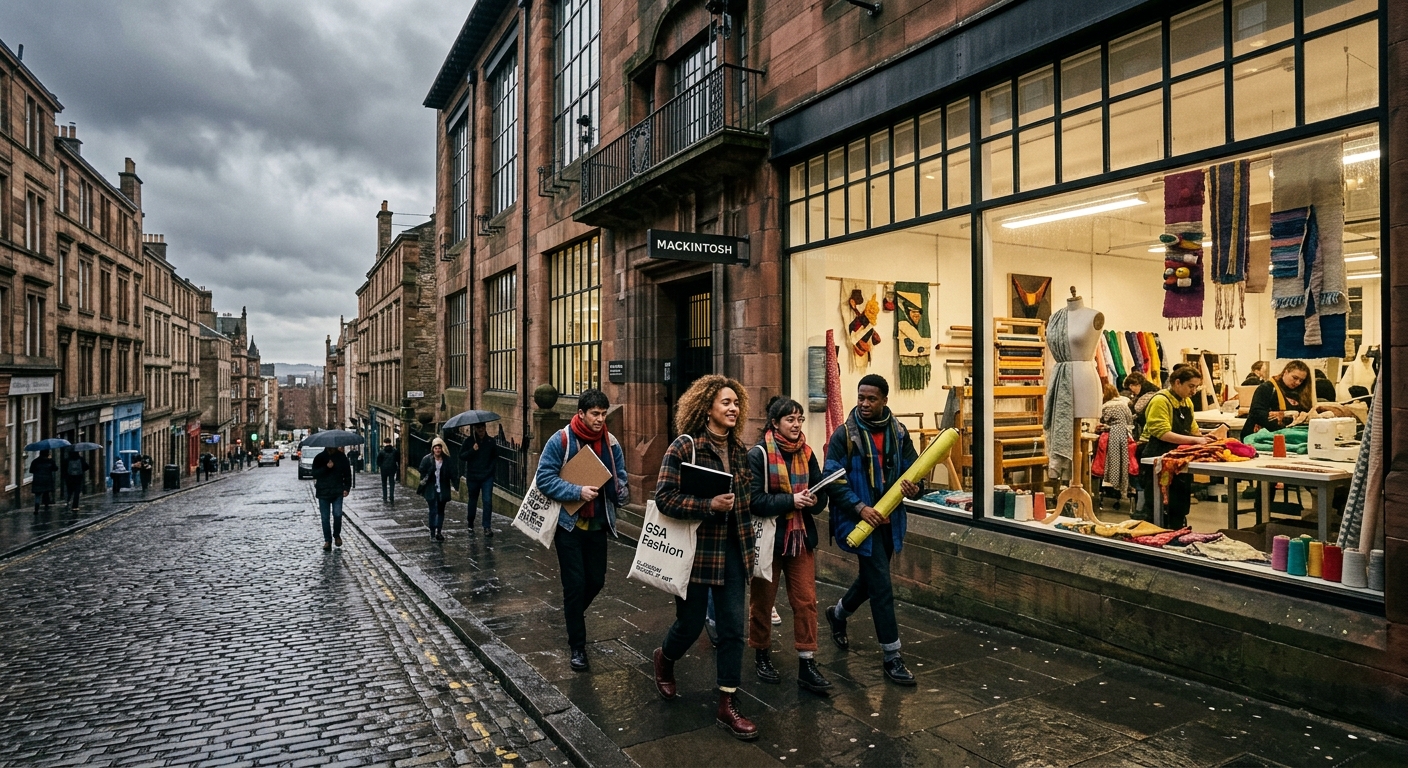 Glasgow School of Art campus exterior with historic sandstone architecture, fashion design students walking through Garnethill neighborhood, vibrant creative atmosphere with textile workshop visible through large windows, overcast Scottish sky