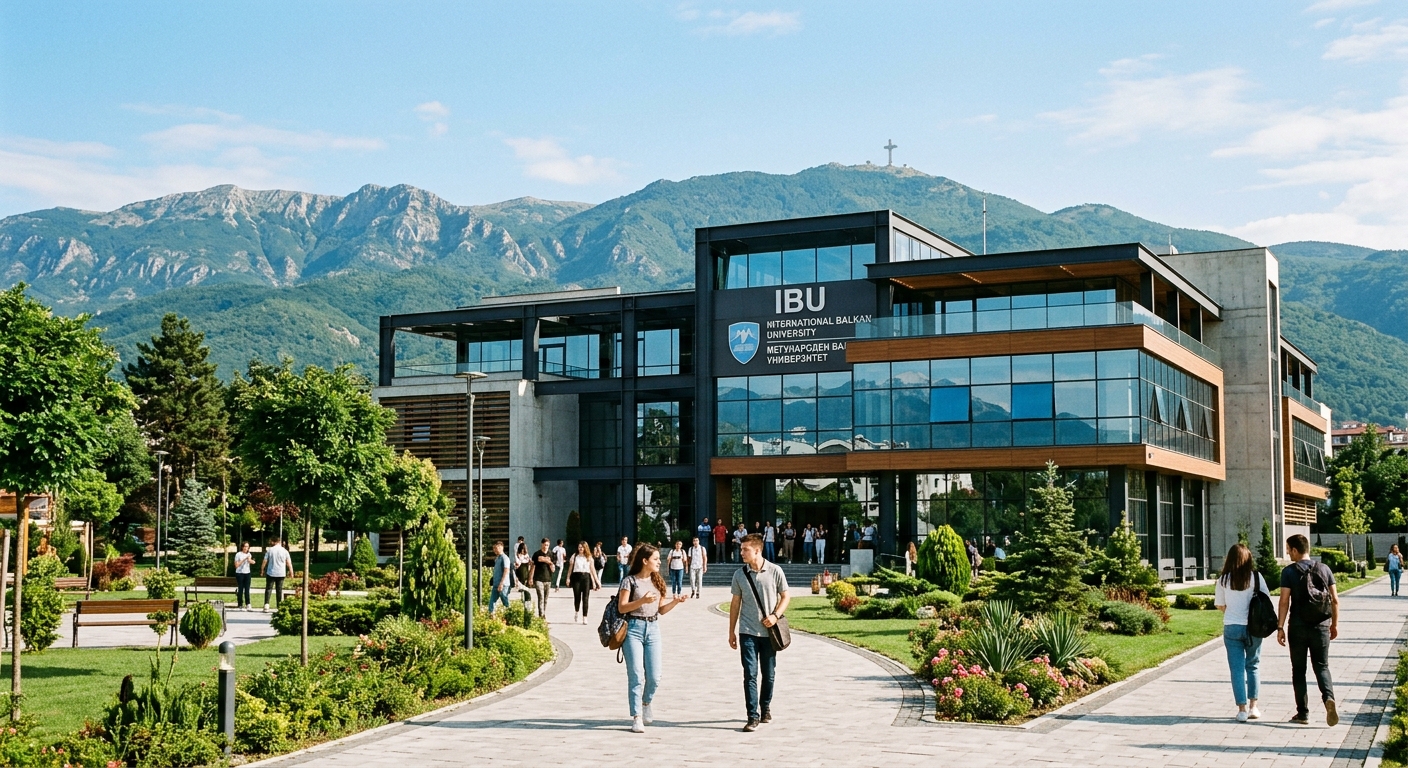 Modern university campus building of International Balkan University in Skopje, North Macedonia, with students walking along pathways, green landscaping, Balkan mountain backdrop, clear sky, contemporary architecture with glass facades