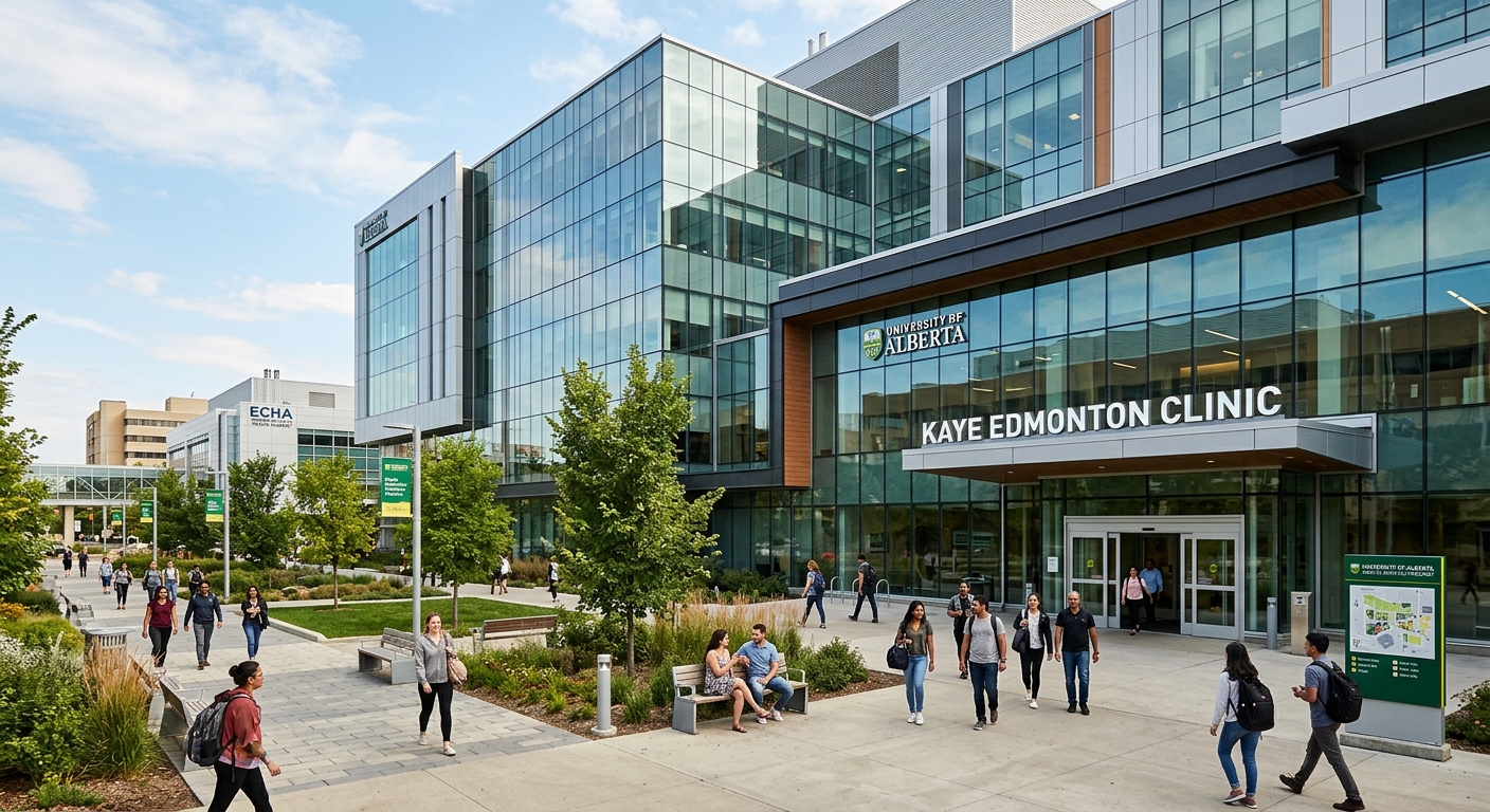 Modern glass and steel Kaye Edmonton Clinic building at the University of Alberta health sciences precinct, with pedestrians and landscaped plaza