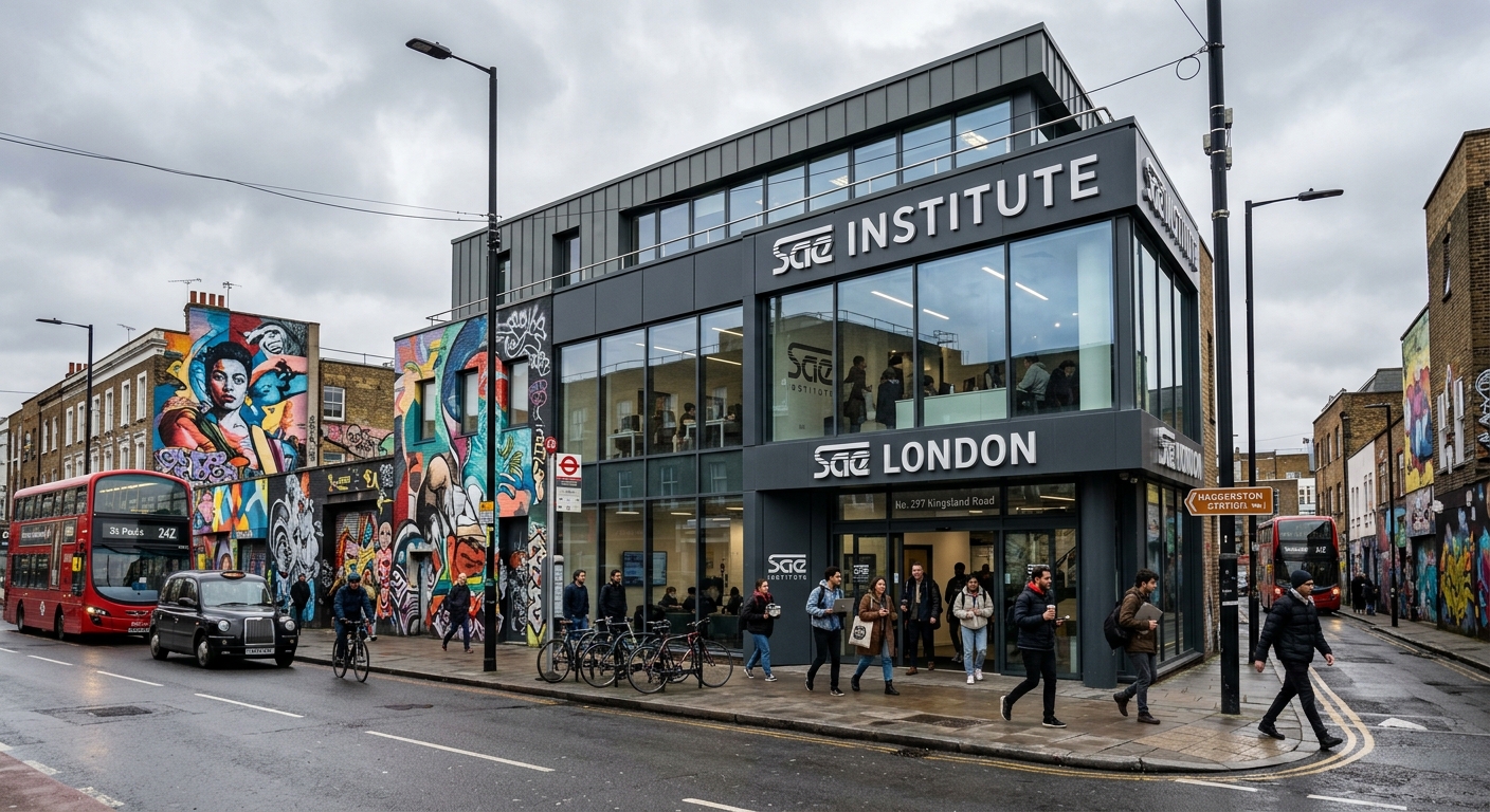 SAE Institute London campus exterior on Kingsland Road in Haggerston East London, modern creative media building with urban street art surroundings, overcast London sky