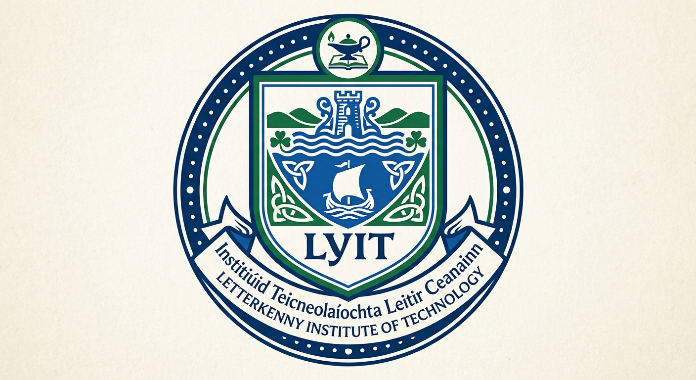 Letterkenny Institute of Technology LYIT official logo, blue and green institutional emblem with text Institiuid Teicneolaiochta Leitir Ceanainn