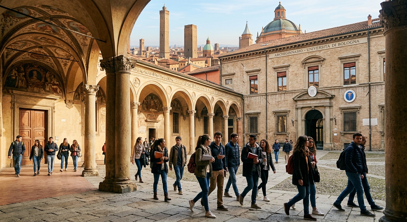 University of Bologna historic campus with arched corridors and medical faculty building, students walking through courtyard, warm Italian sunlight, Bologna cityscape in background