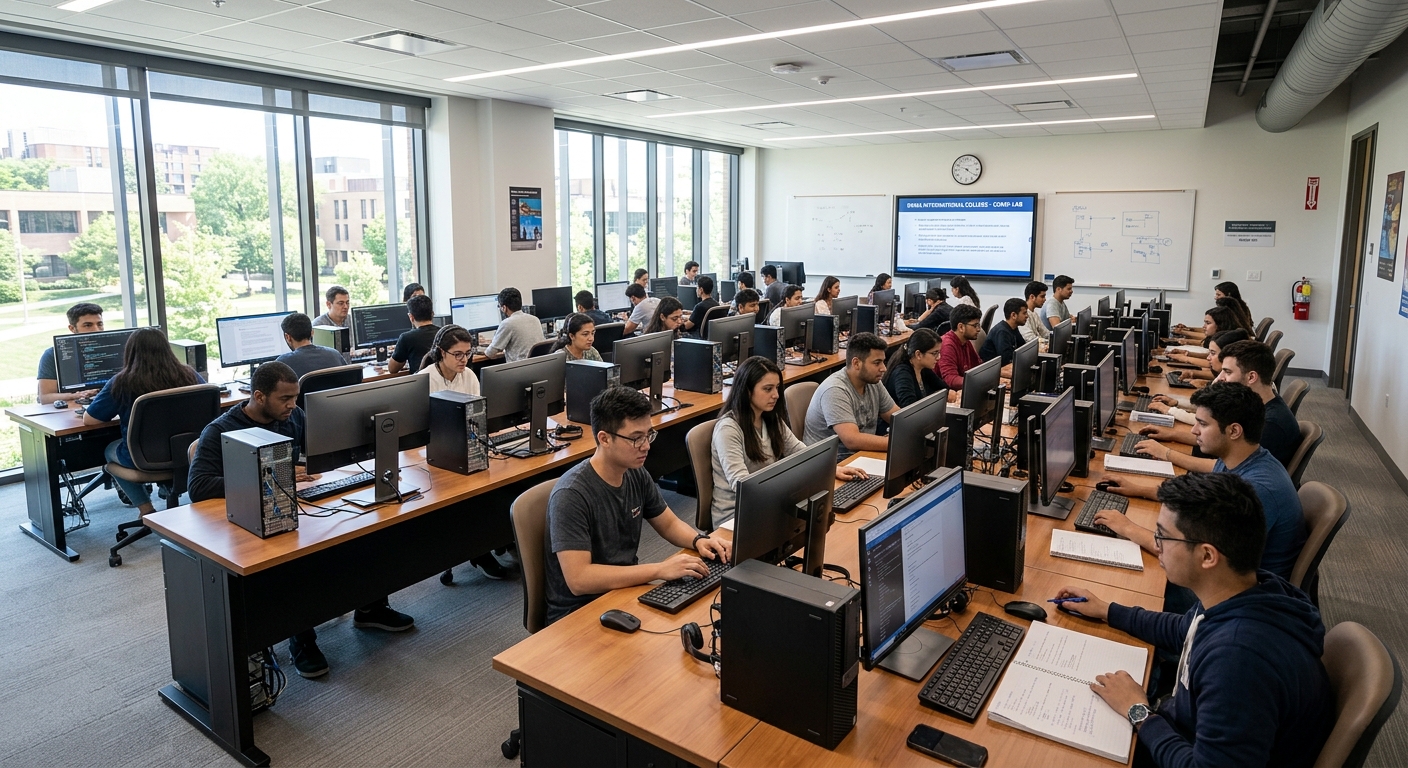 Computer laboratory at Duna International College with rows of desktop computers, students working, clean modern environment with natural light