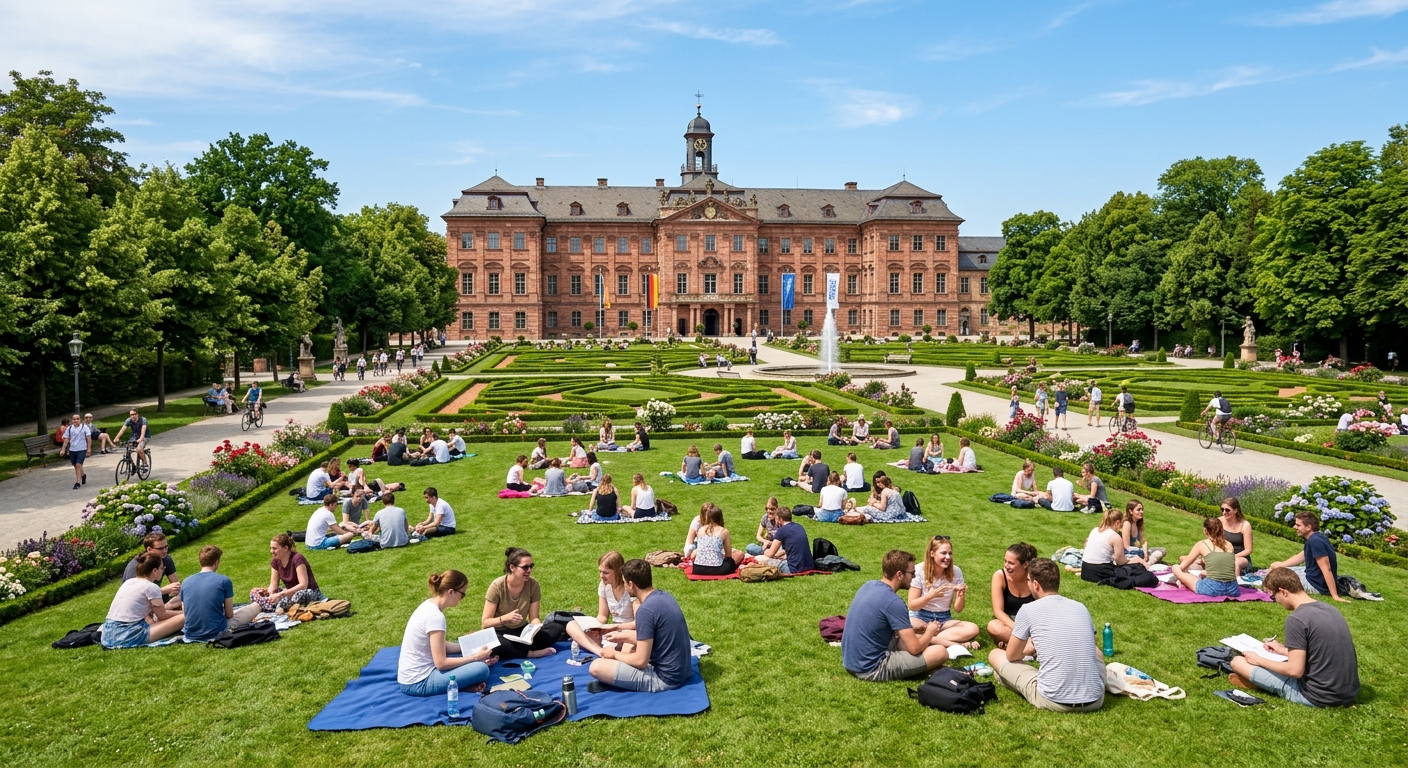 Erlangen Schloss palace and Schlossgarten park, historic baroque building with manicured gardens, students relaxing on lawns, sunny day