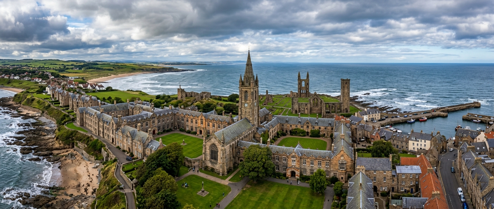 University of St Andrews panoramic view showing historic stone buildings along the North Sea coastline, St Salvator's Chapel tower prominent against a dramatic Scottish sky, medieval architecture blending with green quadrangles