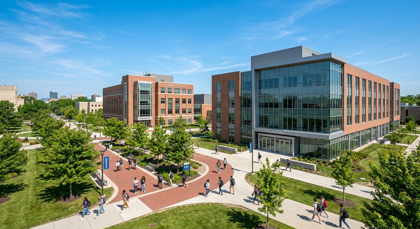 University of Toledo campus with modern science buildings, students walking along tree-lined pathways, McMaster Hall and Wolfe Hall visible, clear blue sky over Toledo Ohio urban campus setting