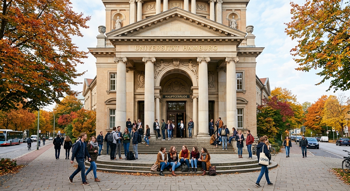 University of Hamburg main building on Edmund Siemers Allee with grand neoclassical columns and arched entrance, students gathered on the front steps, autumn foliage