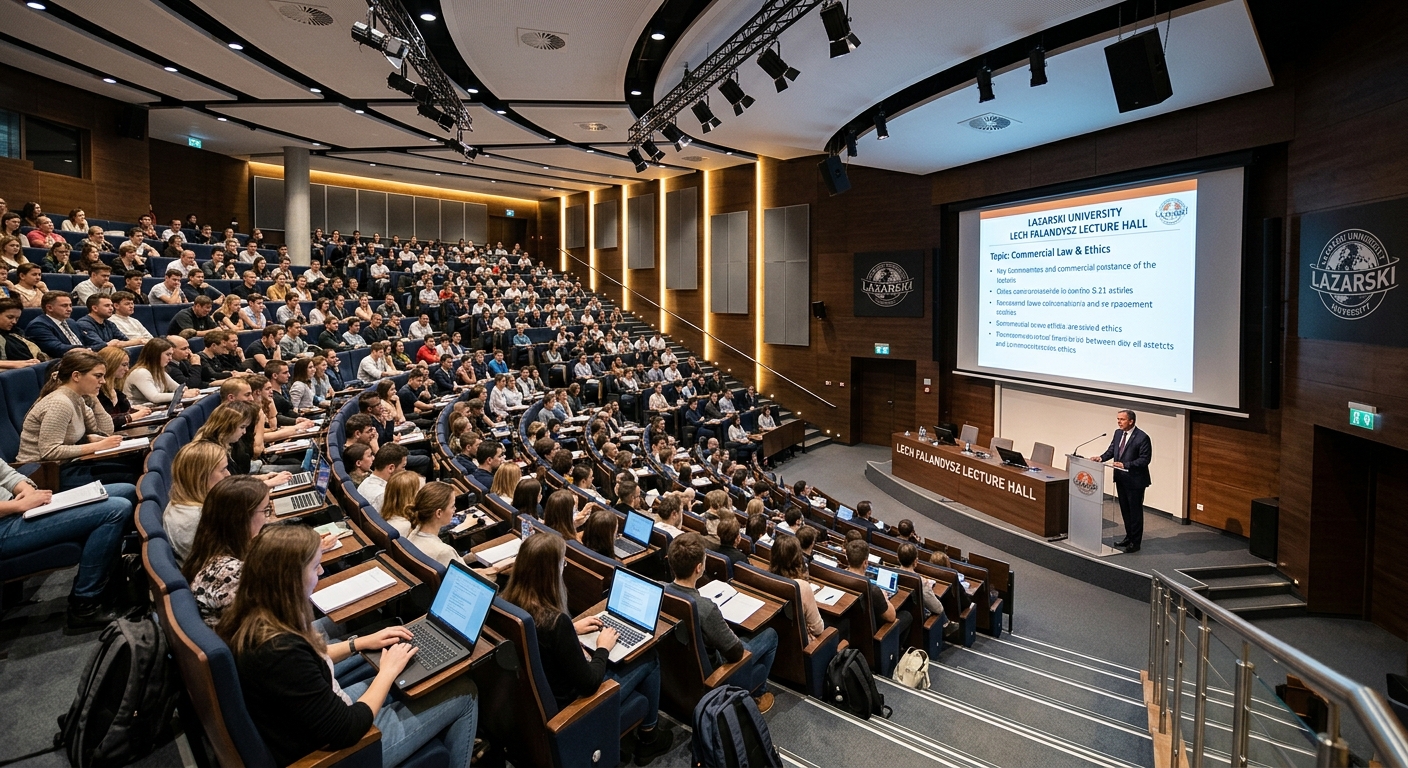 Lazarski University Lech Falandysz Lecture Hall, large modern auditorium seating 430 students, tiered seating, presentation screen, professional lighting