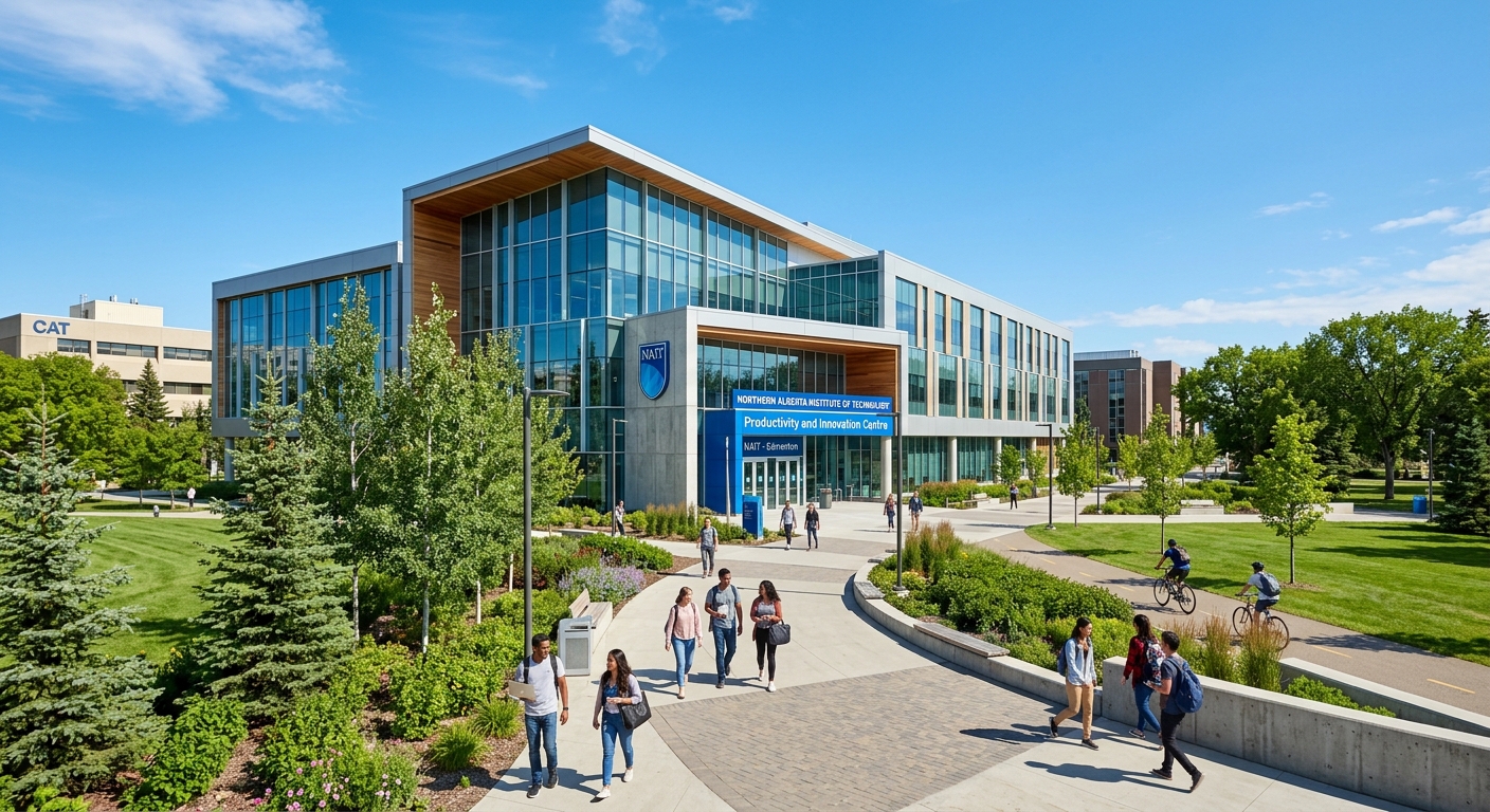 Modern polytechnic campus building at Northern Alberta Institute of Technology in Edmonton, Alberta, Canada with students walking along pathways, contemporary architecture, blue sky background, green landscaping