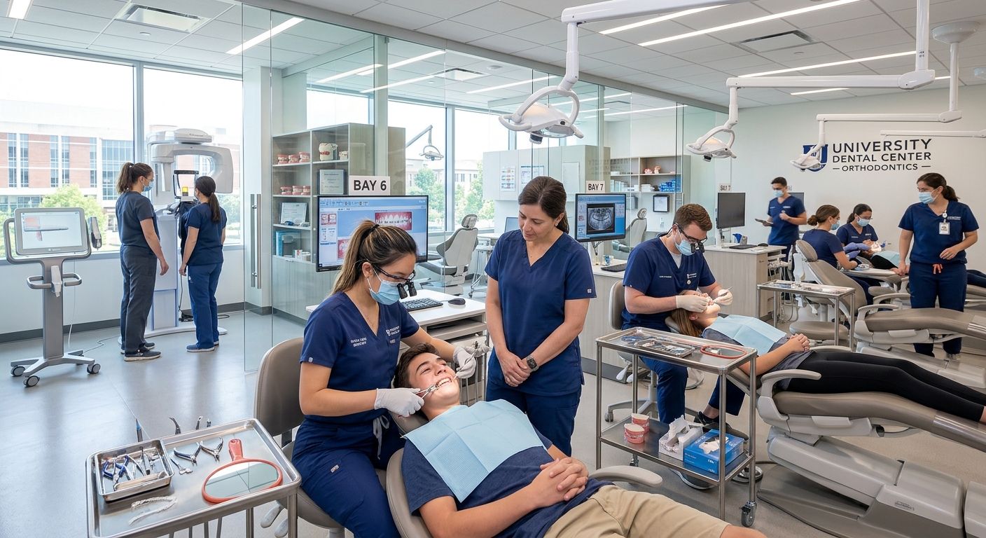 Modern orthodontic clinical facility with dental chairs, advanced imaging equipment, and residents practicing with orthodontic appliances, bright professional lighting in a university dental center