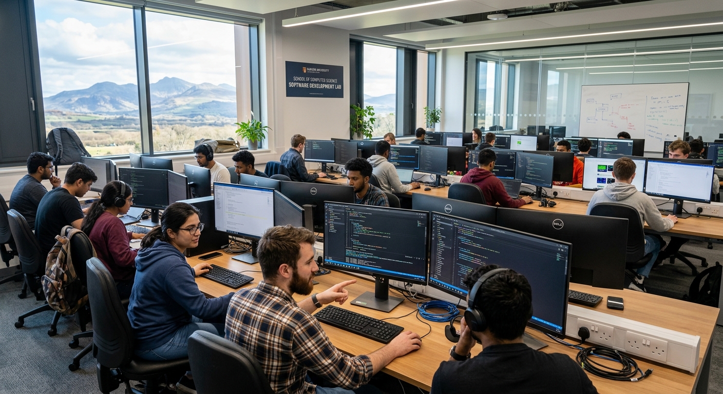 Modern computing laboratory at Bangor University with students working on software development projects, large monitors displaying code, natural light streaming through windows with views of North Wales mountains