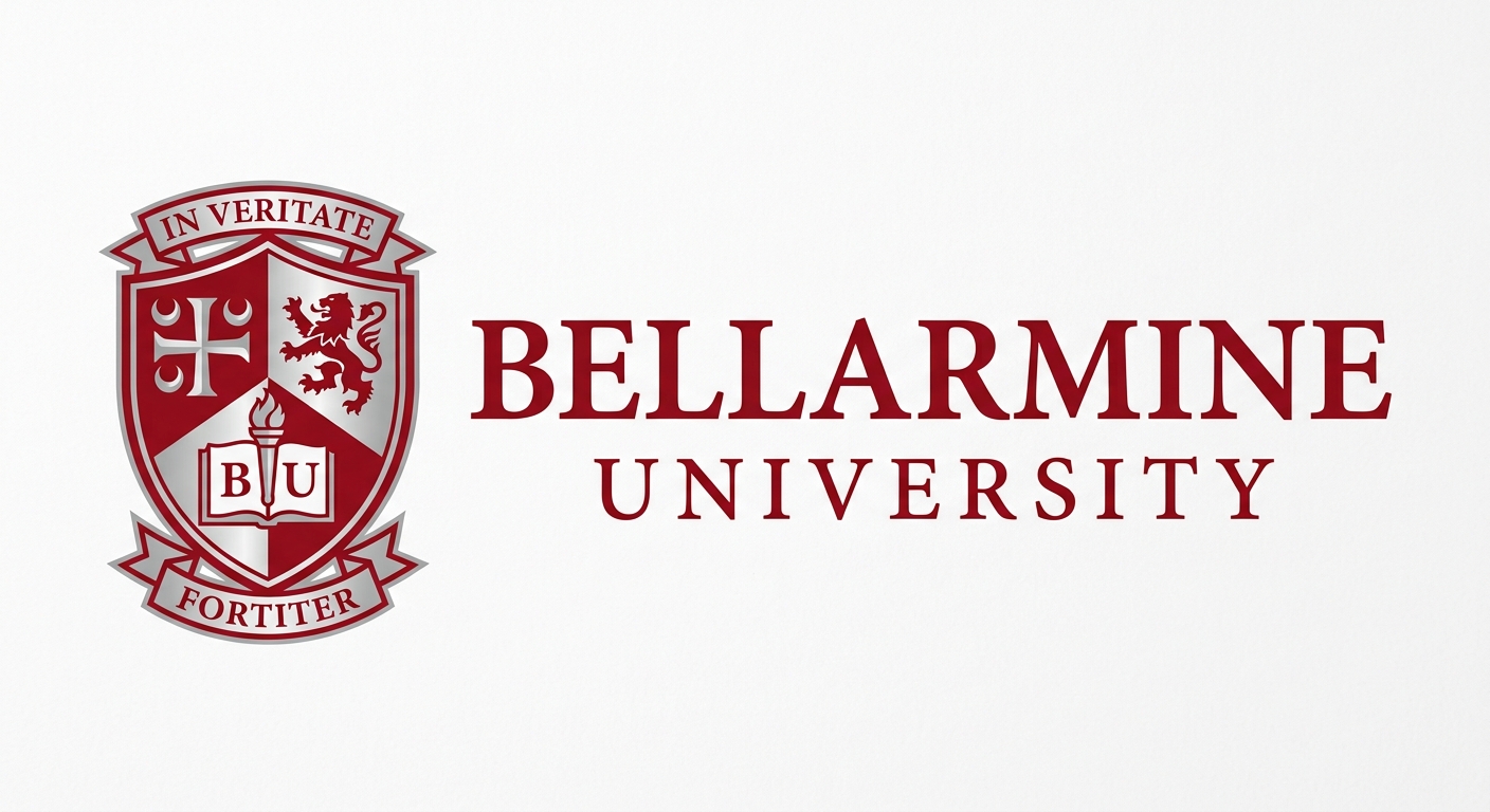Bellarmine University official logo featuring the university name in serif font with the BU shield crest in scarlet and silver