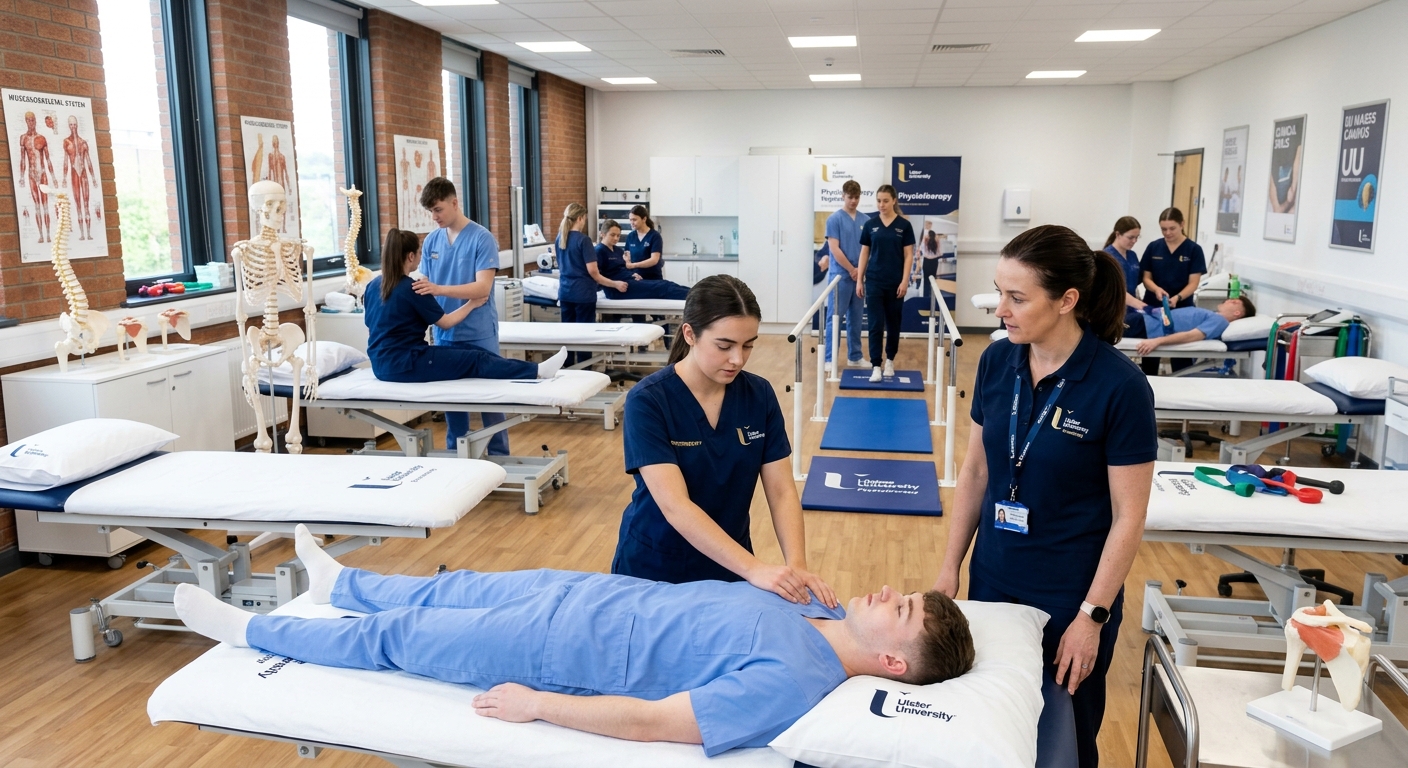 Ulster University Magee Campus in Derry-Londonderry, modern physiotherapy teaching laboratory with treatment beds, anatomical models, and students practicing clinical techniques under supervision, bright clinical setting