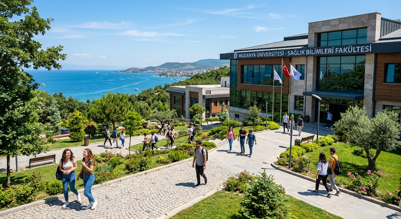 Modern university campus building surrounded by lush green landscape in Mudanya Bursa Turkey, students walking on pathways near the Faculty of Health Sciences, Sea of Marmara visible in the background, bright sunny day