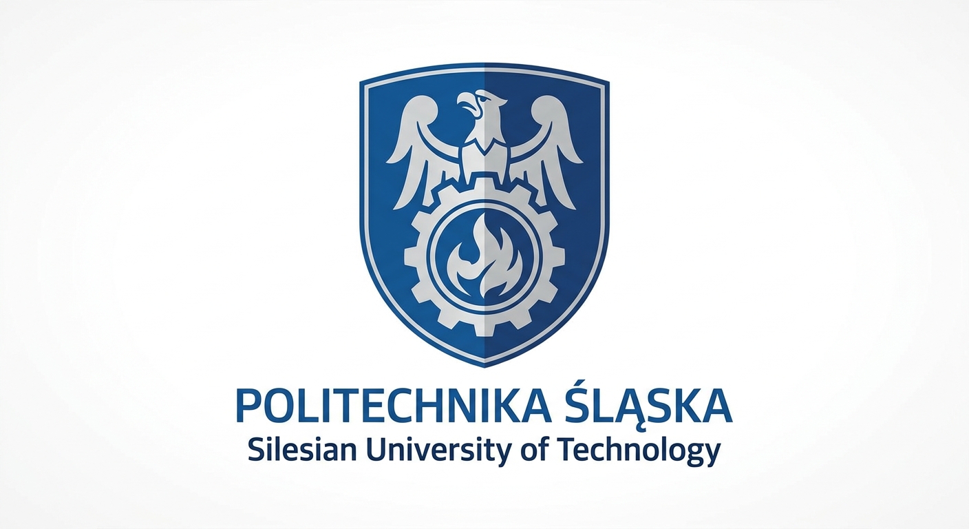 Silesian University of Technology official logo, blue shield emblem with stylized eagle and gear symbols, Politechnika Slaska text