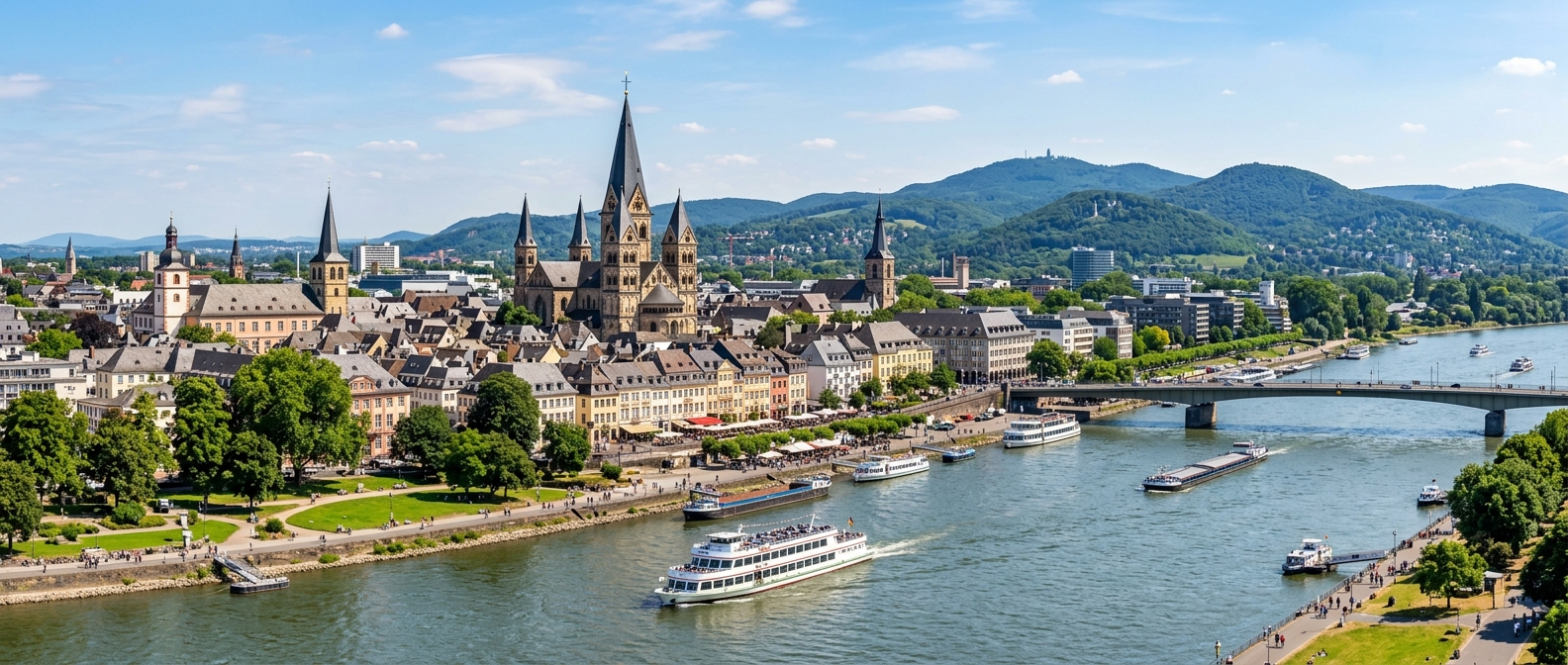 Panoramic view of Bonn cityscape along the Rhine River, colorful historic buildings, Bonn Minster church spire, Siebengebirge hills in background, river boats, green parks, sunny day